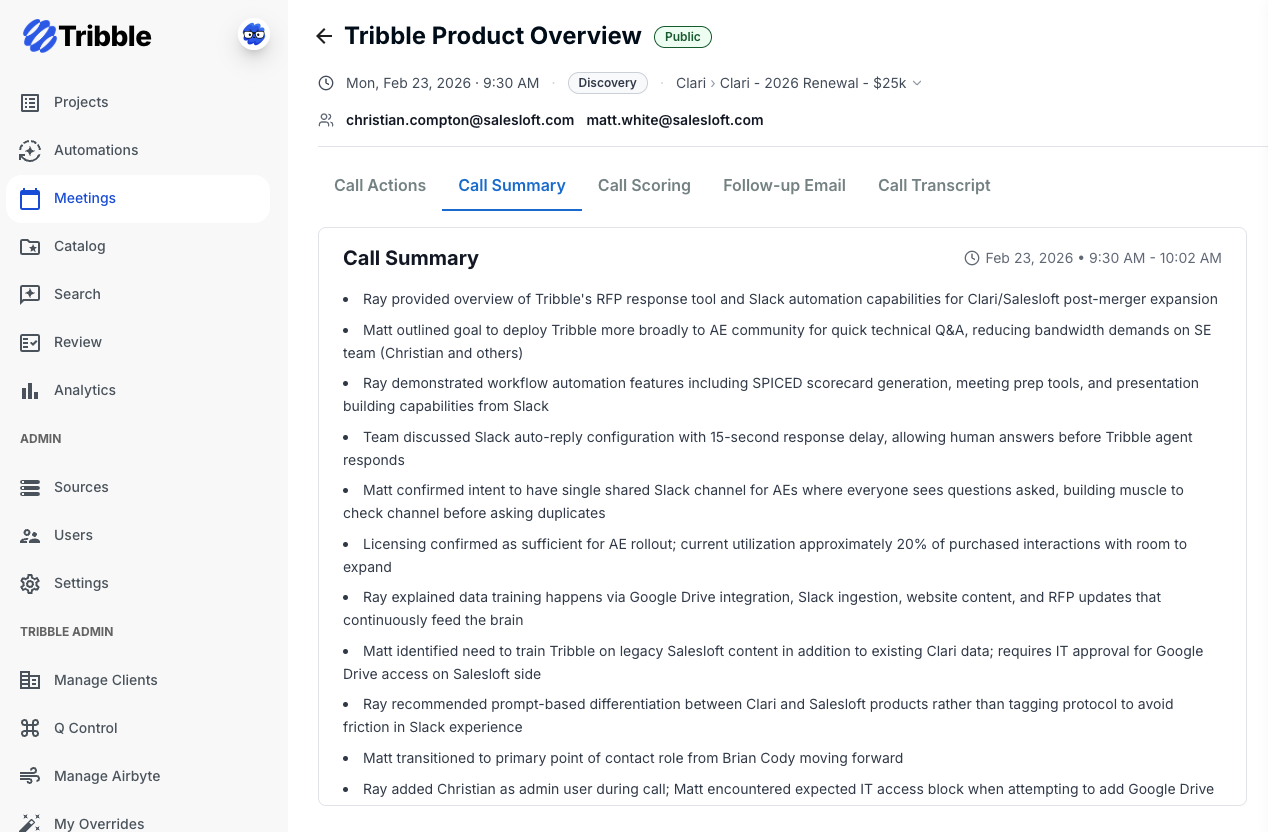 Tribble Engage call summary view with meeting notes and follow-up context